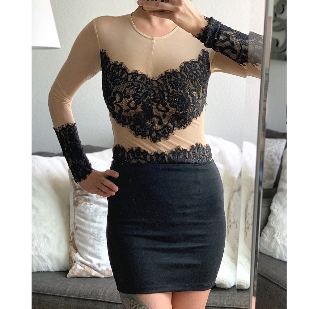 NWOT F21 Black Lace & Nude Bodysuit
